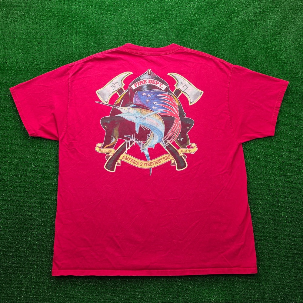 Guy Harvey Aftco Americas Firefighters Marlin Pocket Tshirt Mens XL Red Flag